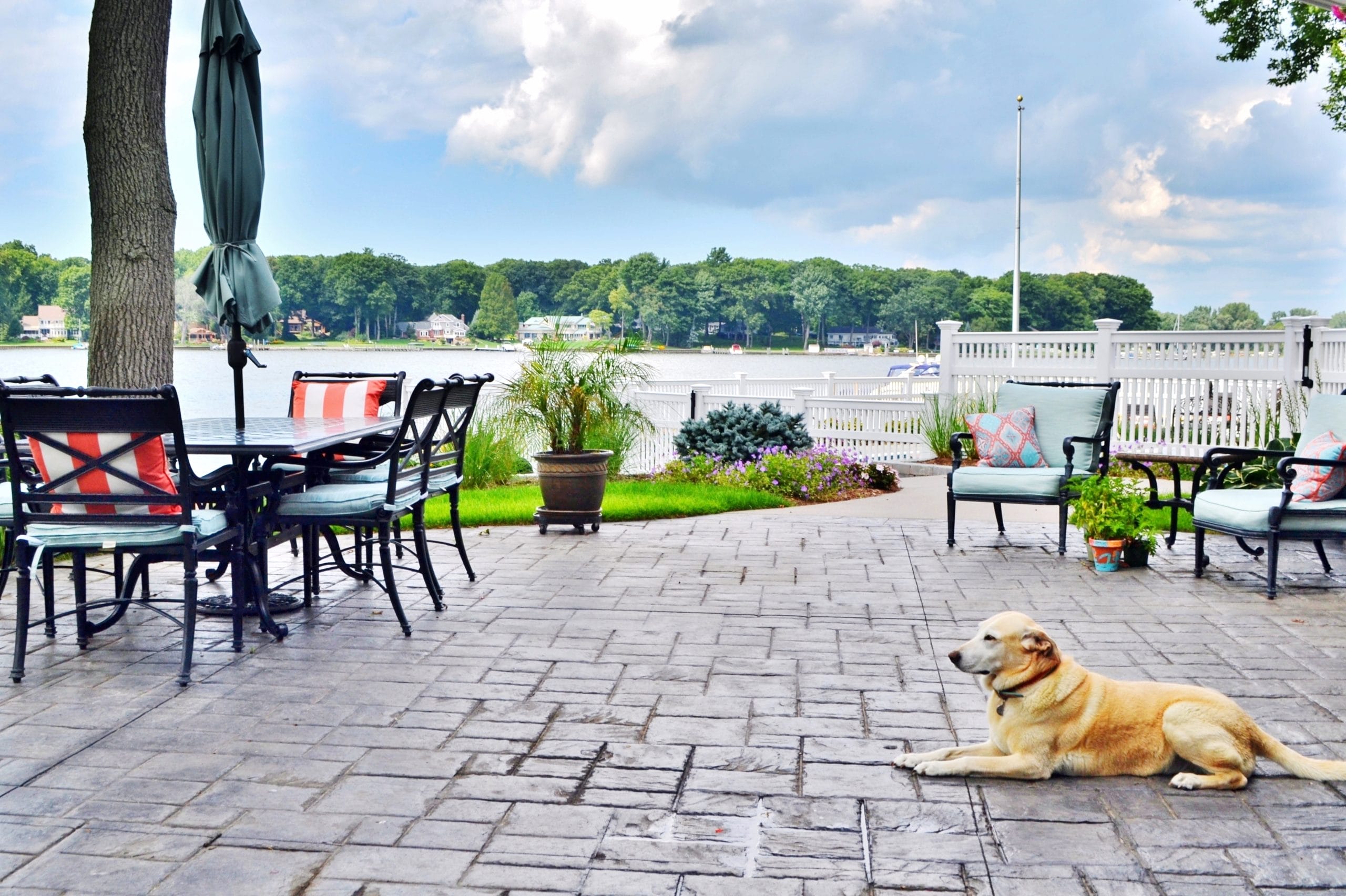 Patio with Concrete Restoration & Concrete Sealing Overlooking Lake with Dog Resting

